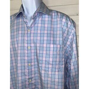 PETER MILLAR Sz XL Pink Blue Plaid 100% Cotton Shirt Pocket Spread Collar EUC